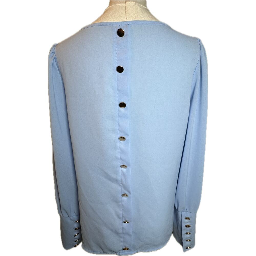 Women's Baby Blue Boat Round Neck Blouse with Gold Buttons, Size Small